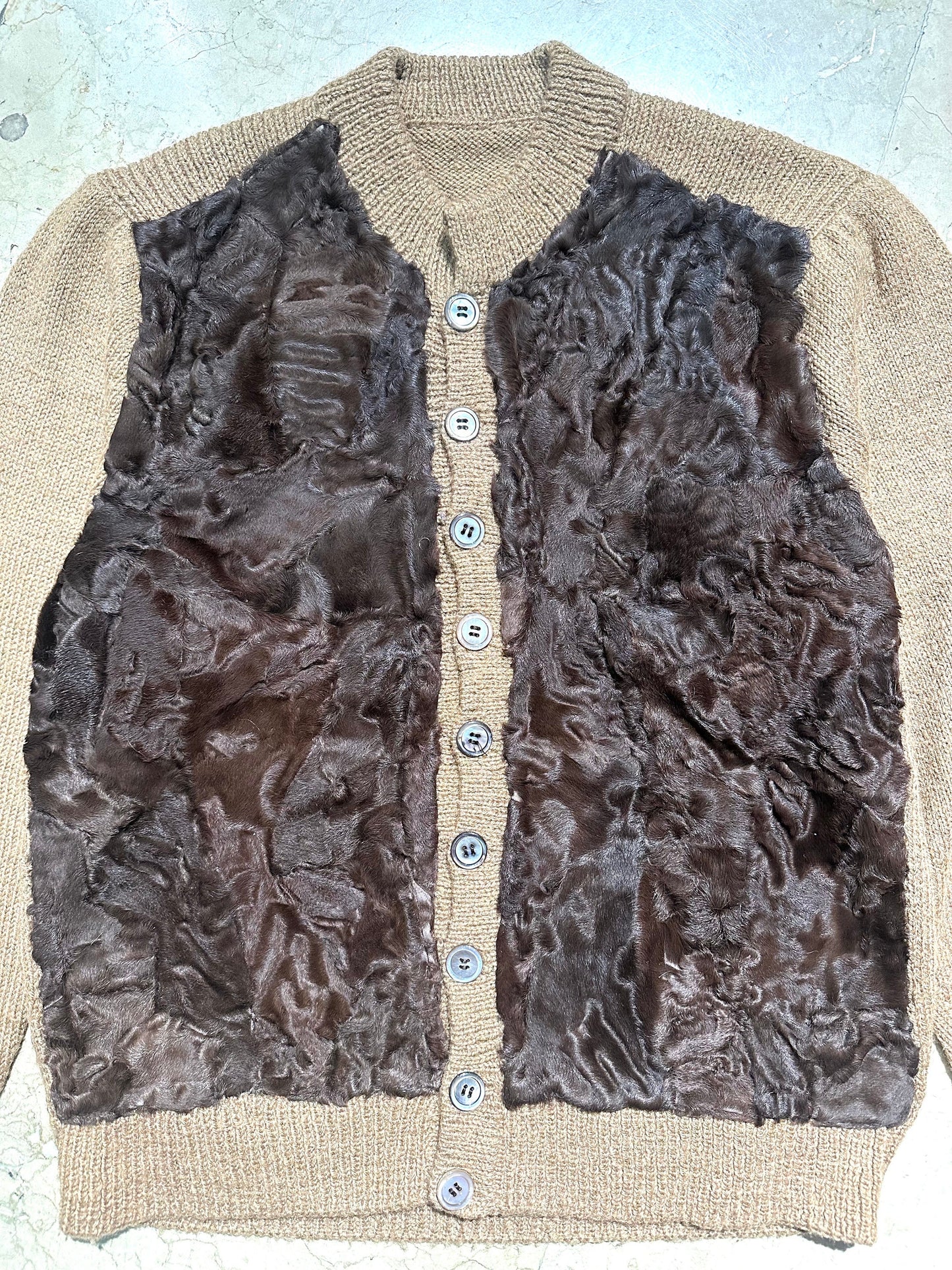 1970s handmade cardigan in brown astrakan fur & knitted wool, button up crewneck jumper, mint sz 44