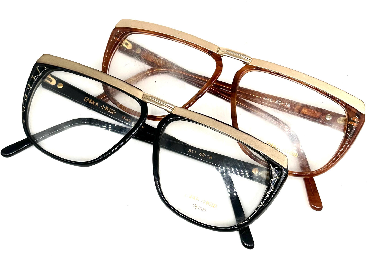 Enrica Massei modern square glasses in black or honey sparks w golden browline/bridge, 80s NOS