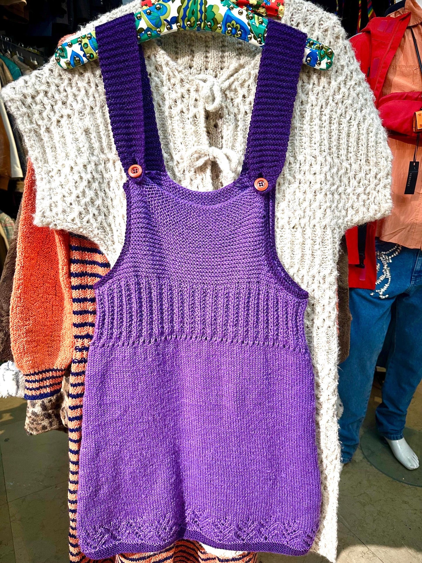 Purple - lilac Hand Knitted crochet dungaree wool dress made in Italy 80s, as new