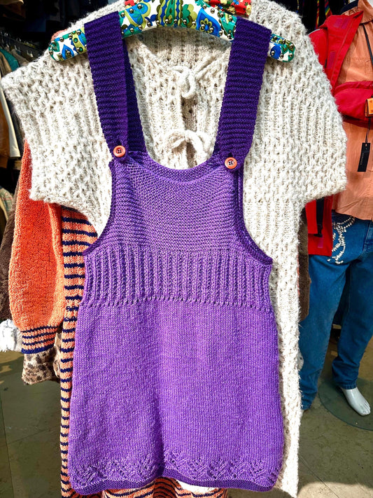 Purple - lilac Hand Knitted crochet dungaree wool dress made in Italy 80s, as new