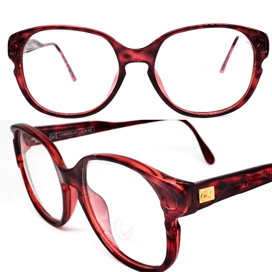 Christian Lacroix 7307 burgundy tortoise oversized eyeglasses frames w embossed deco details, NoS 80s France