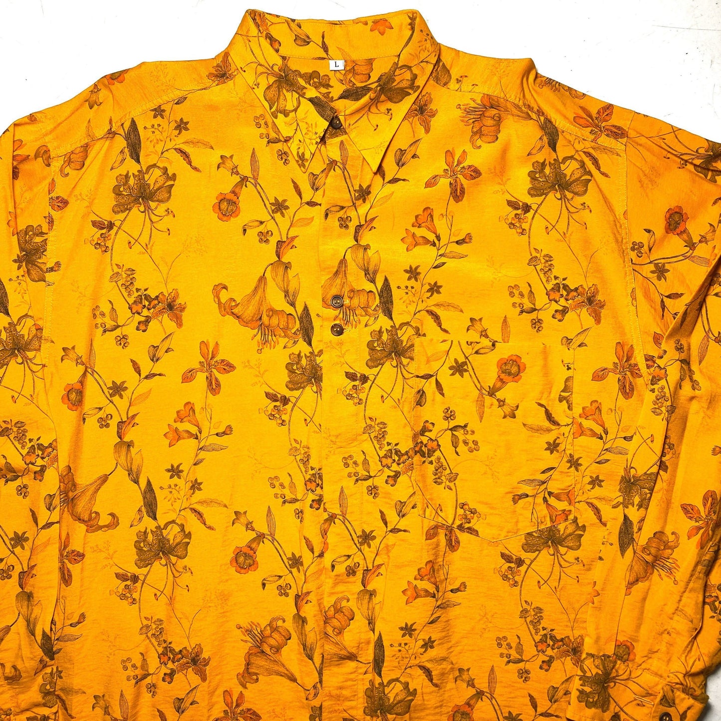 Boho botanical print orange viscose shirt, 1980s new old stock