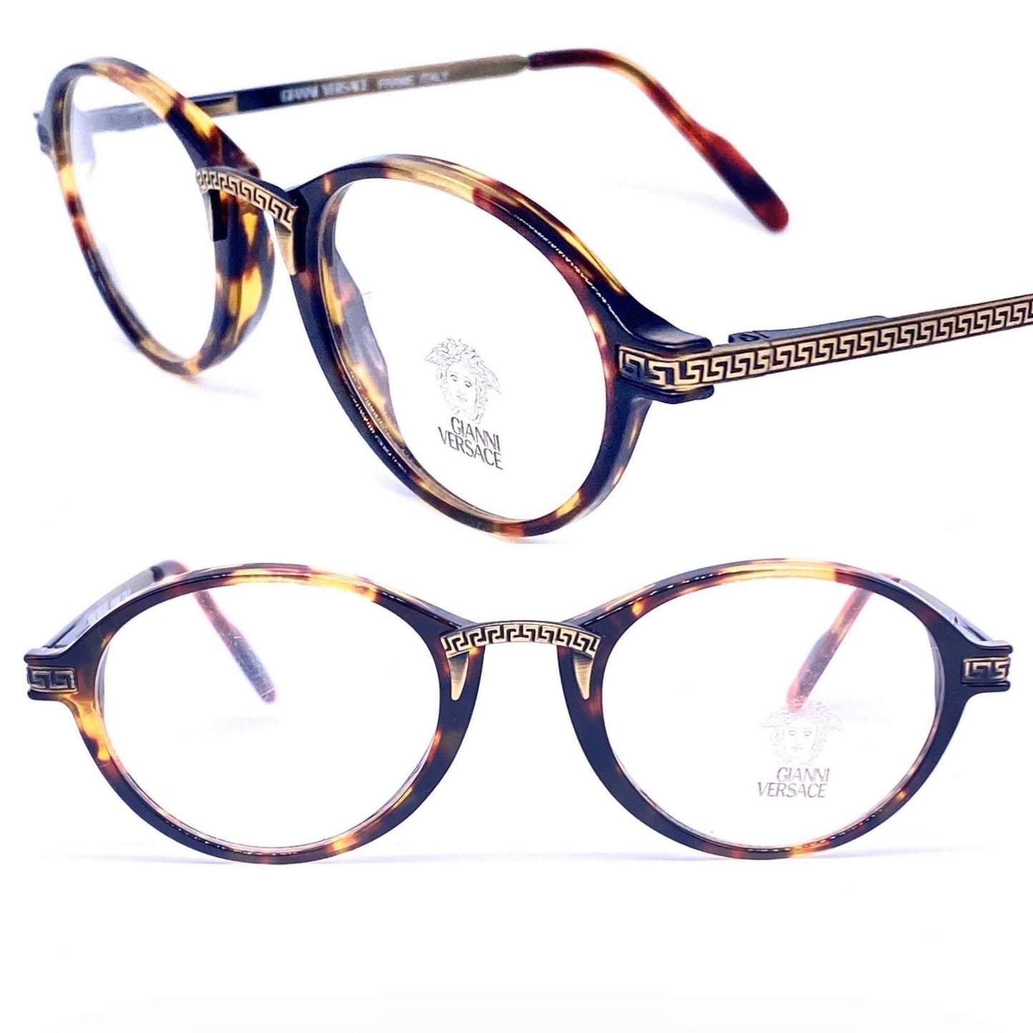 Gianni Versace G-21 round tortoise eyeglasses with carved greek antique brass temples and bridge, NOS 90s