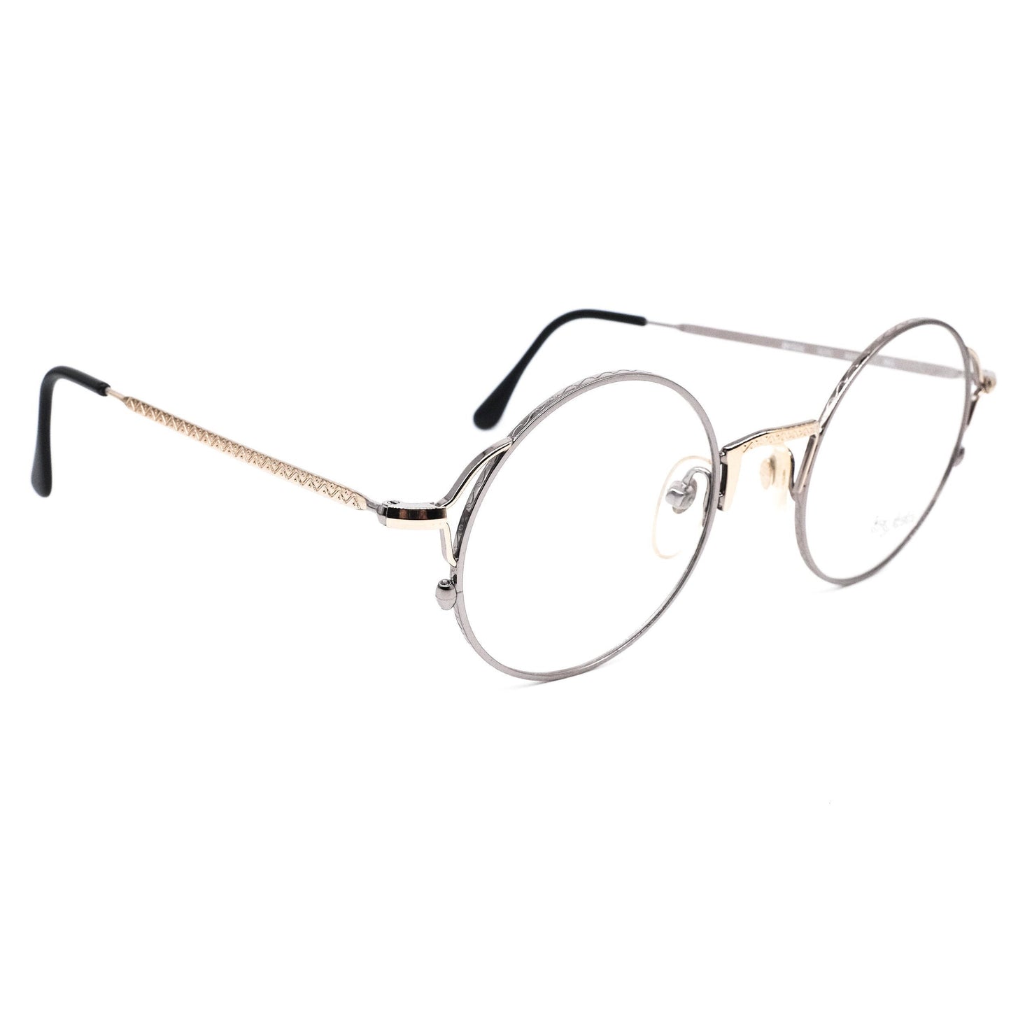 Byblos b506 vintage large metallic round steampunk eyeglasses frames in silver metal with cut off hinges and golden bridges, NOS 80s Italy