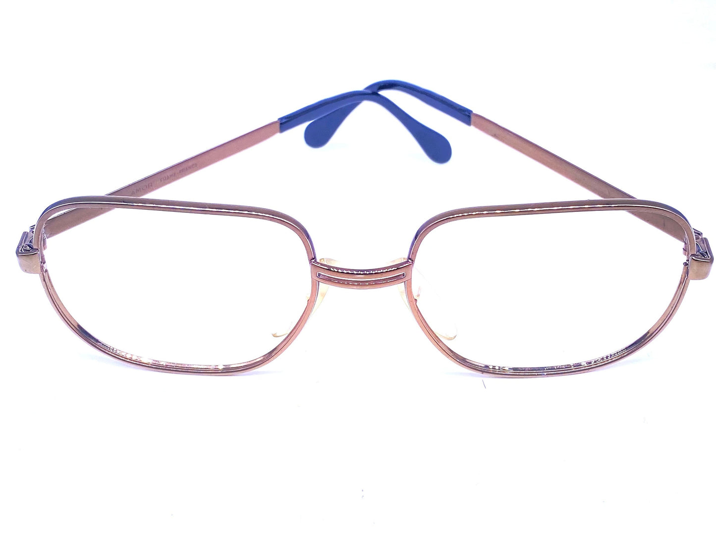 Amor France square glasses in polished copper metal w cutoff bridge detail, NOS 70s mint