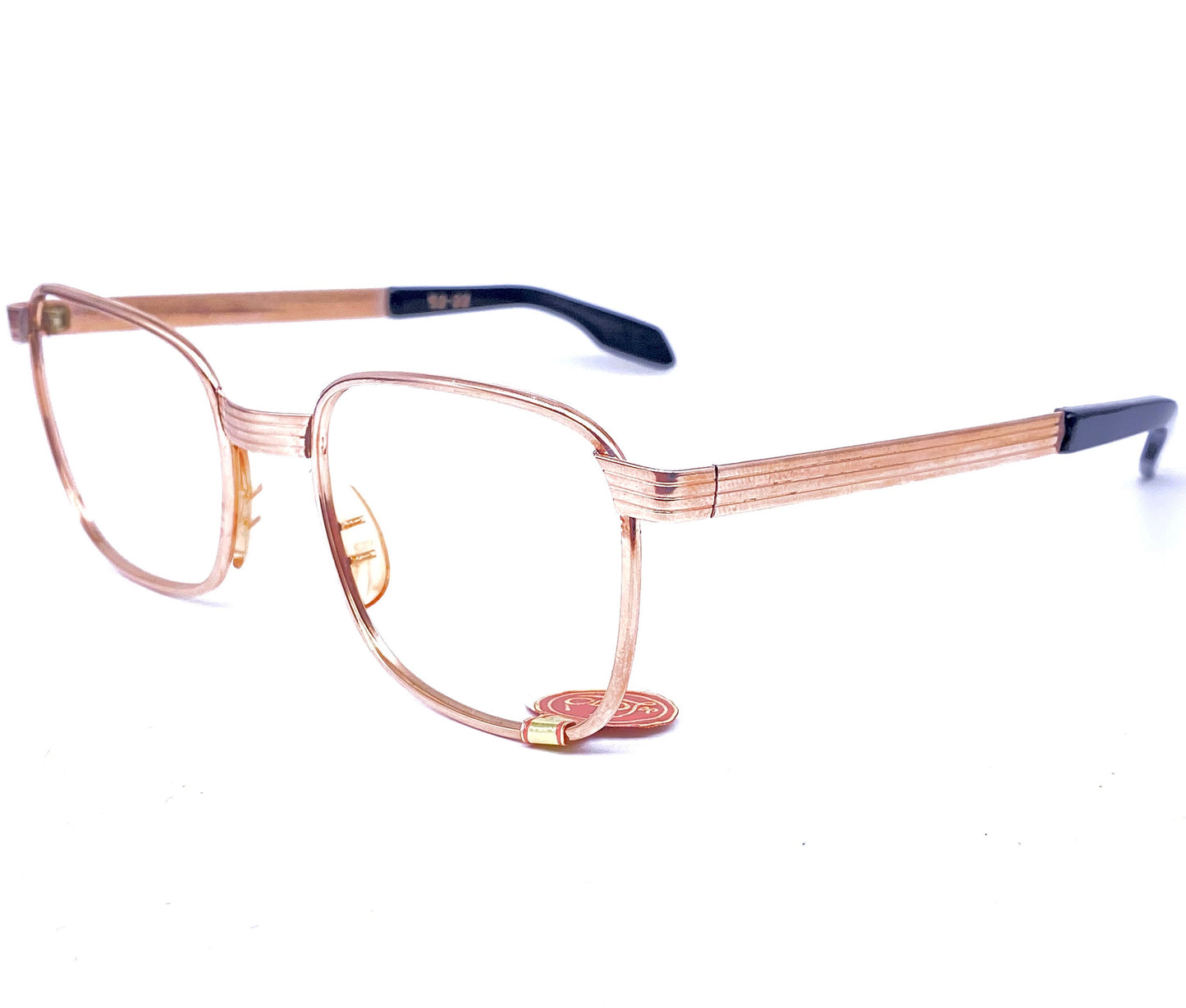 De Lotto real gold plated 20k square metal frames w/ thick bridge & temples adorned w/ carved lines, 1960s NOS Italy