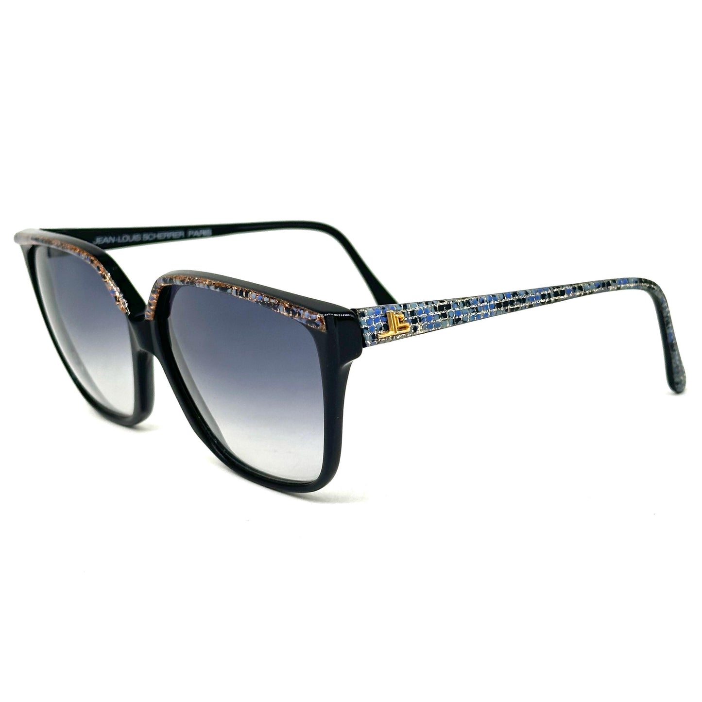 Jean-Louis Scherrer Paris frame 875 black oversize sunglasses with mosaic effect in gold/silver glitter and blue squares. 90s NOS France