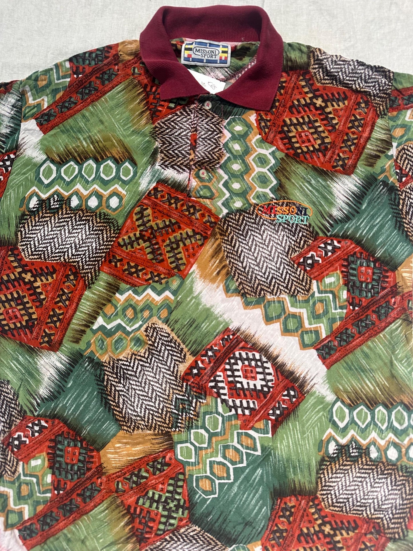 Missoni Sport cool Navajo inspired print cotton polo shirt in green/ burgundy and brown tones, great condition sz L