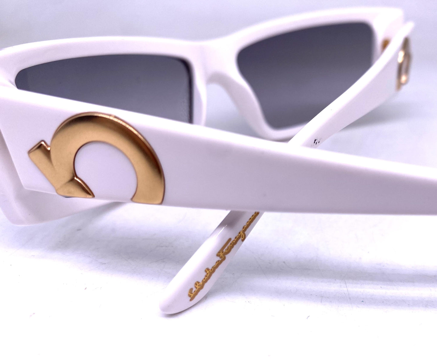 Ferragamo white acetate rectangular sunglasses w golden metal details / logo inlays, NOS