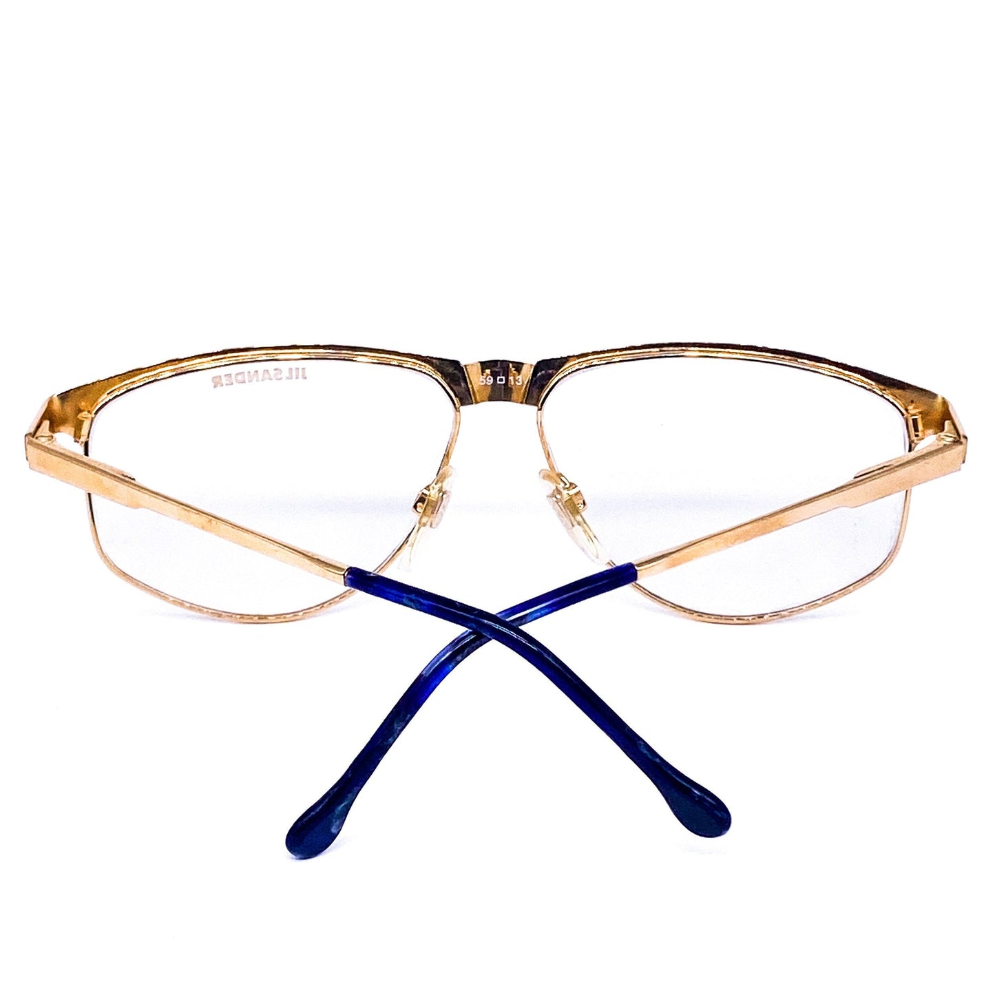 Jil Sander gold metallic oval eyeglasses frames with deep blue temple tips, Italy 80s NOS