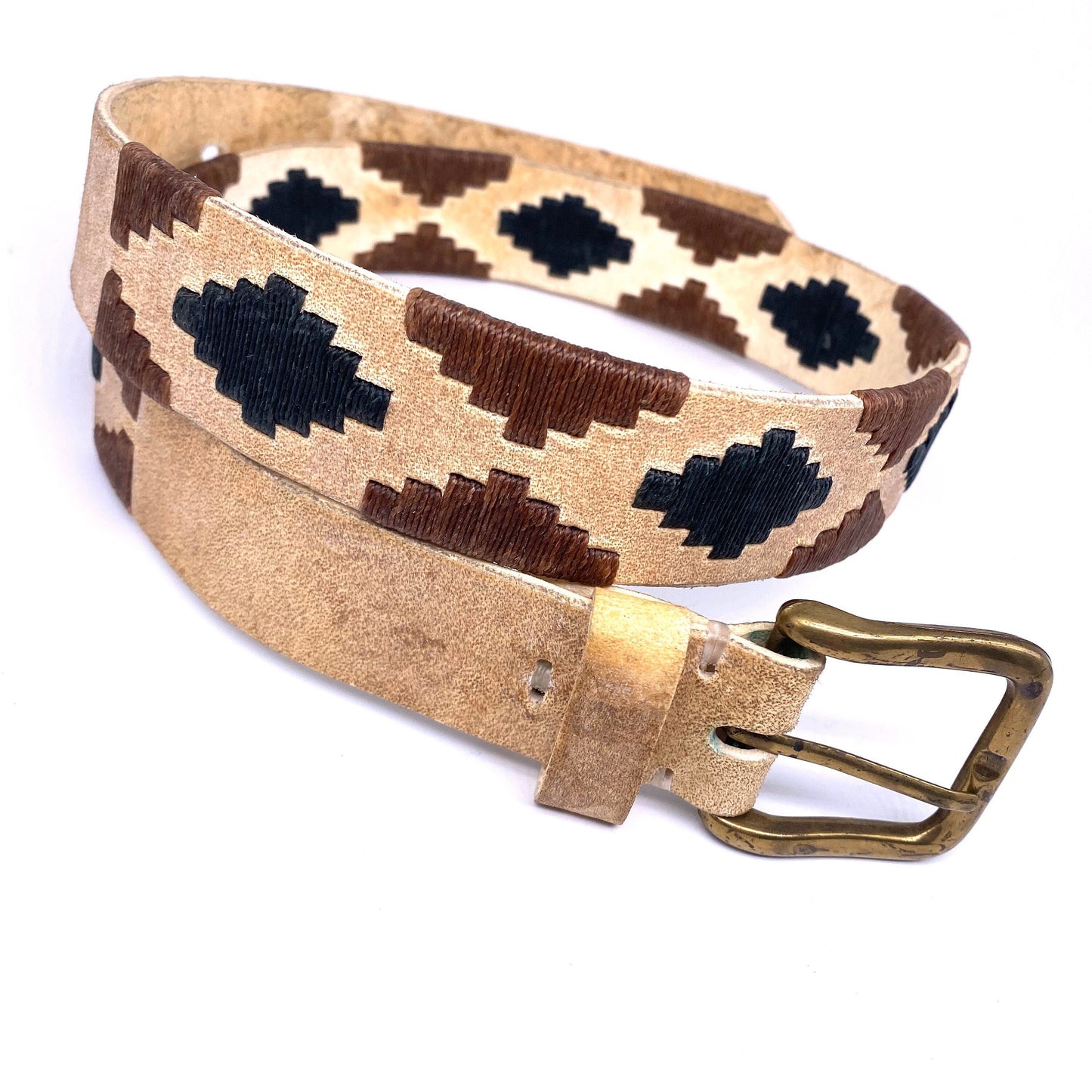 1990s Navajo beige cured leather belt with black/brown string embroidery allover sz 85