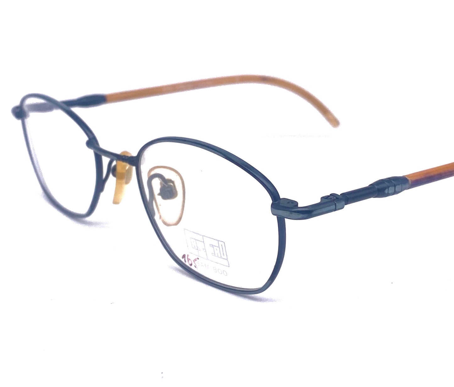 Casero rectangular gunmetal frames w-bamboo temples and spring hinges, NOS 90s Italy
