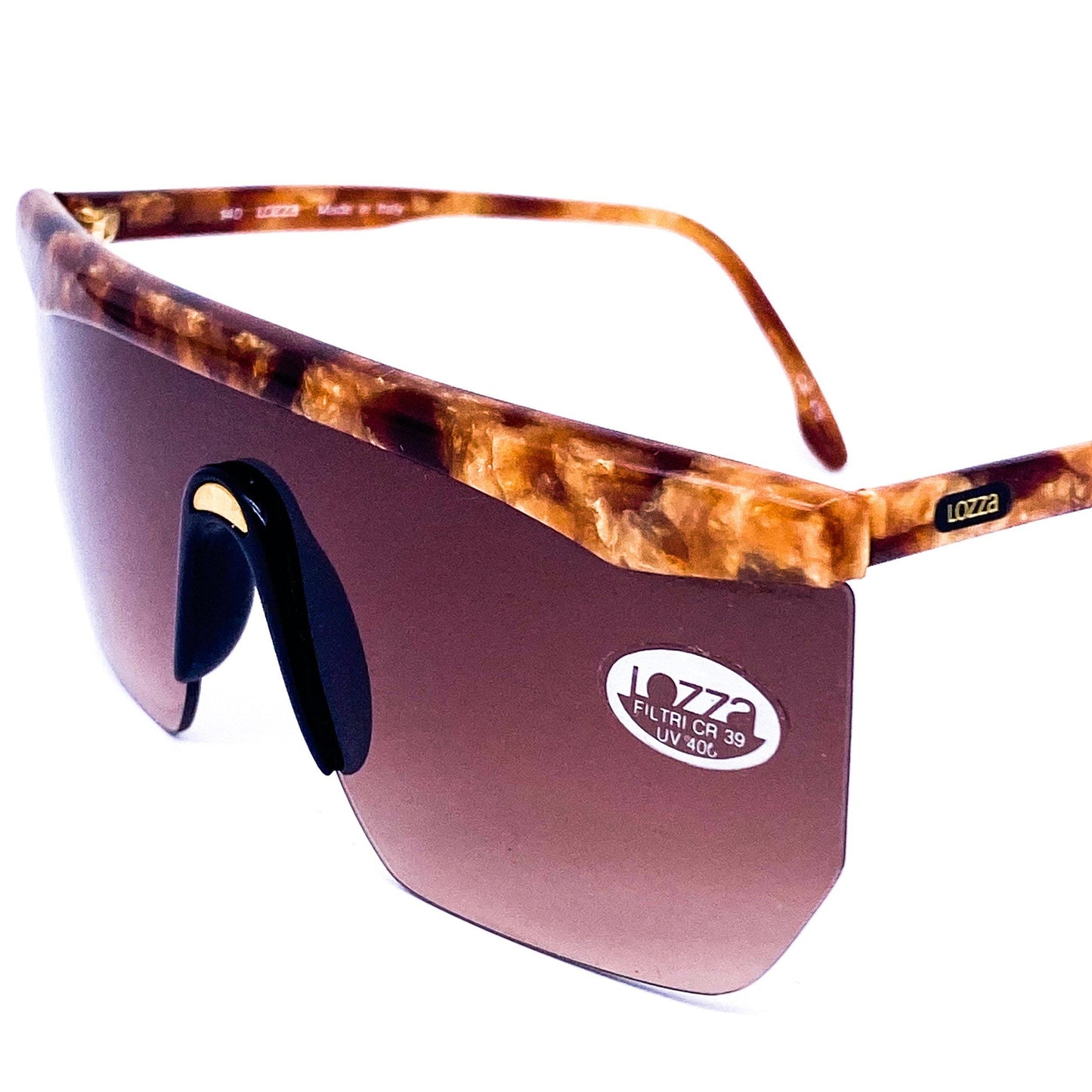 Lozza GUYA flat browline brown cellulose shield sunglasses with black nose bridge with golden detail, NOS mint condition