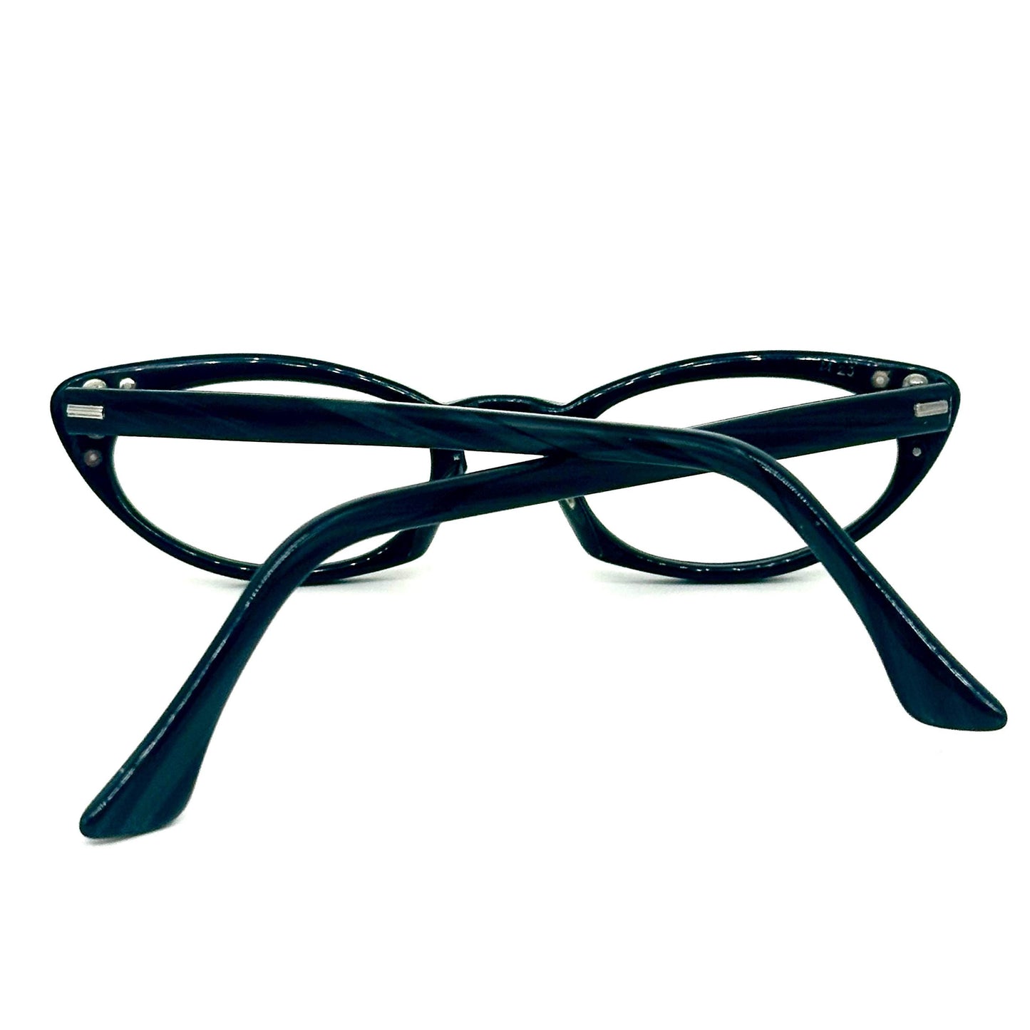 Shuron USA black cateye glasses with colored mosaic detail on golden triangular plaque on the sides style 1960 NoS