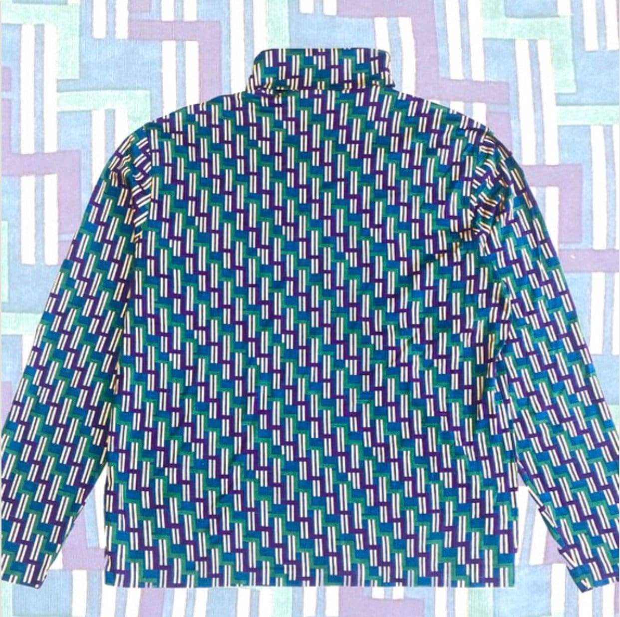 Trussardi 70s style cotton turtleneck jumper w geometrical allover in green, blue and beige, mint