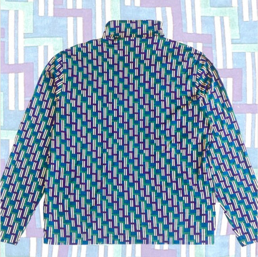 Trussardi 70s style cotton turtleneck jumper w geometrical allover in green, blue and beige, mint