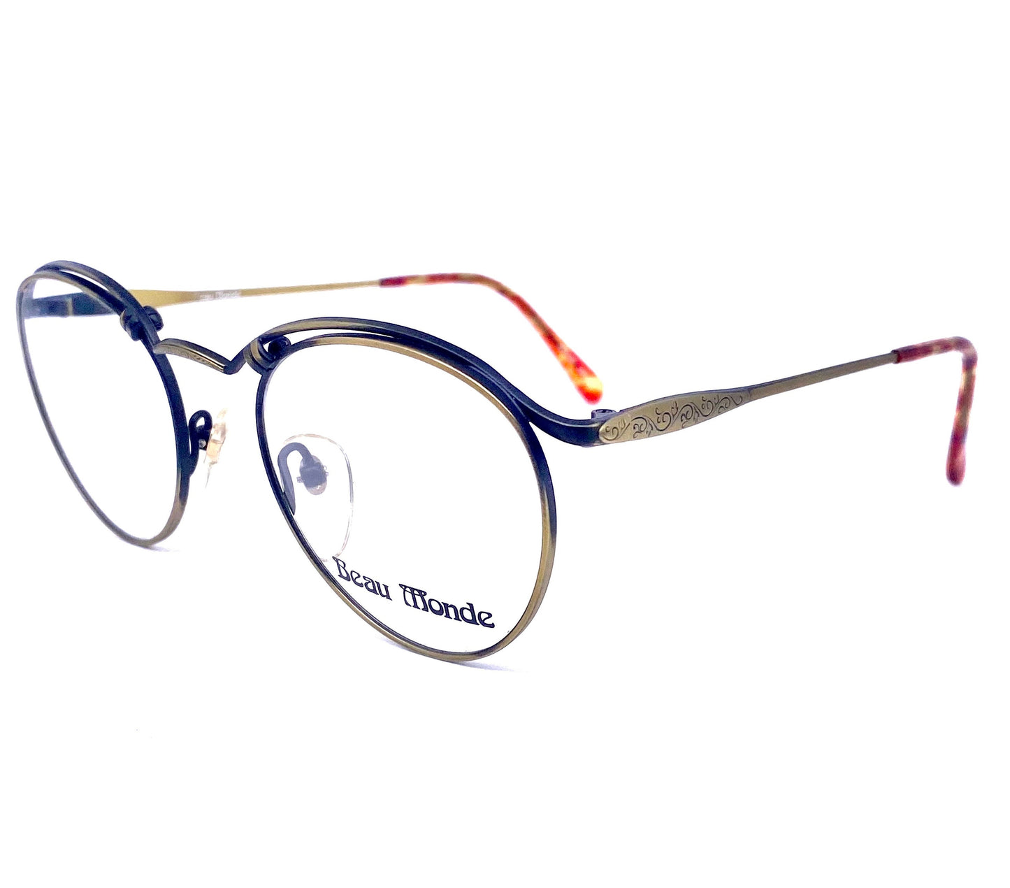 Beau Monde Chelsea luxury round-pantos eyeglasses frames in antiqued brass w- decó style carvings, NoS 80s Japan