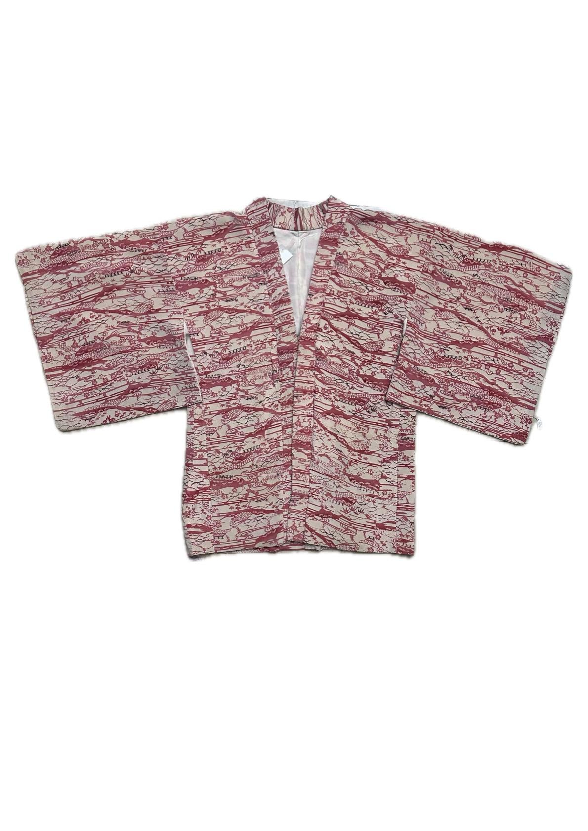 Traditional Japanese cream color kimono w iconic red tones print,  pure silk, 1950s circa, great cond.