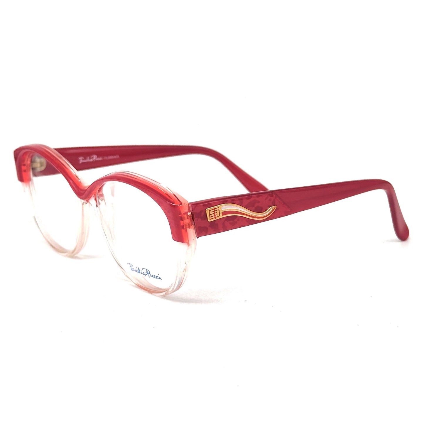 Emilio Pucci 371 half red spotted textured clear eyewear detailed with curved trail logo 80s Made in Florence