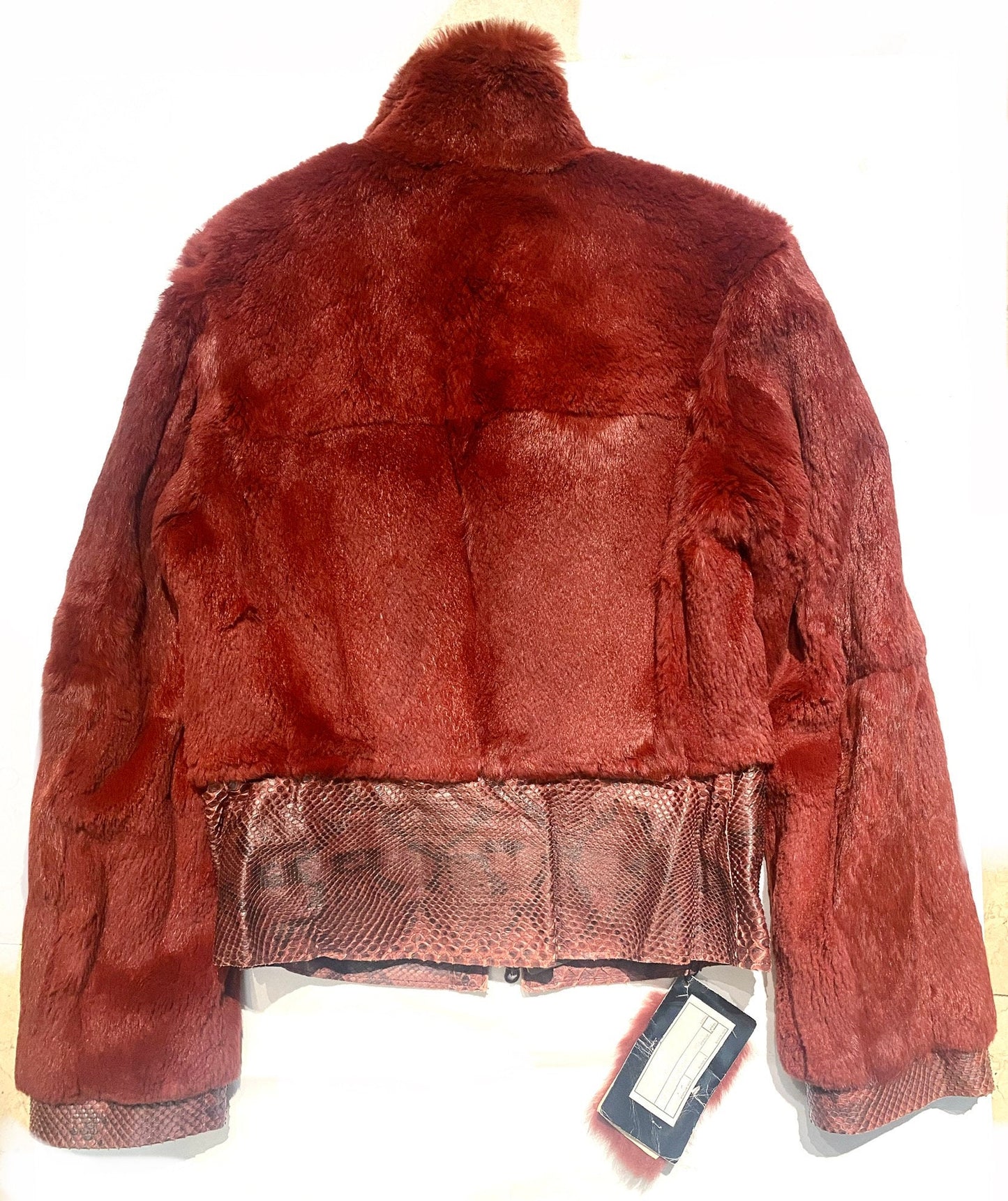 Artisanal 2 in 1 lapin fur / satin crèpe  jacket w python leather details, NOS 90s Italy sz 46