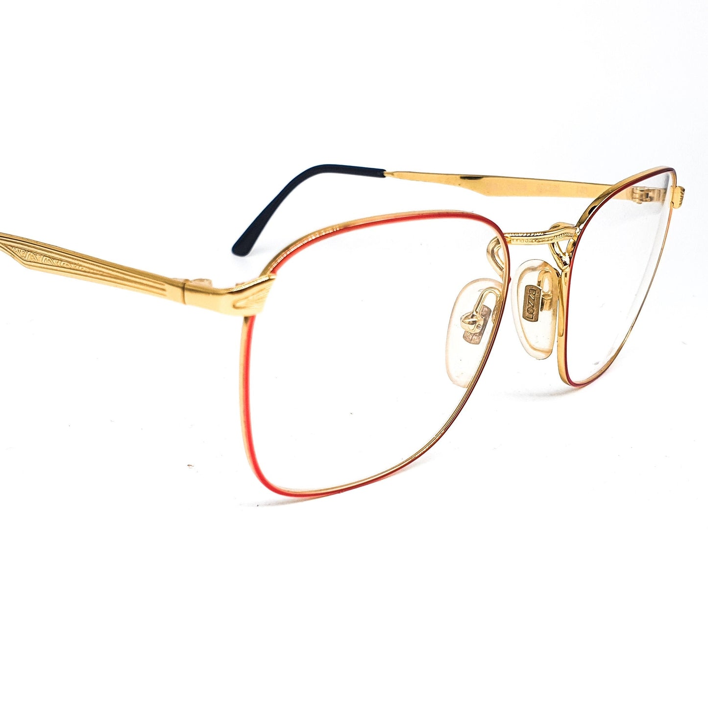 Lozza River square metallic eyeglasses frames with slim red rim and golden temples and nose bridge, 1970's  NOS Italy