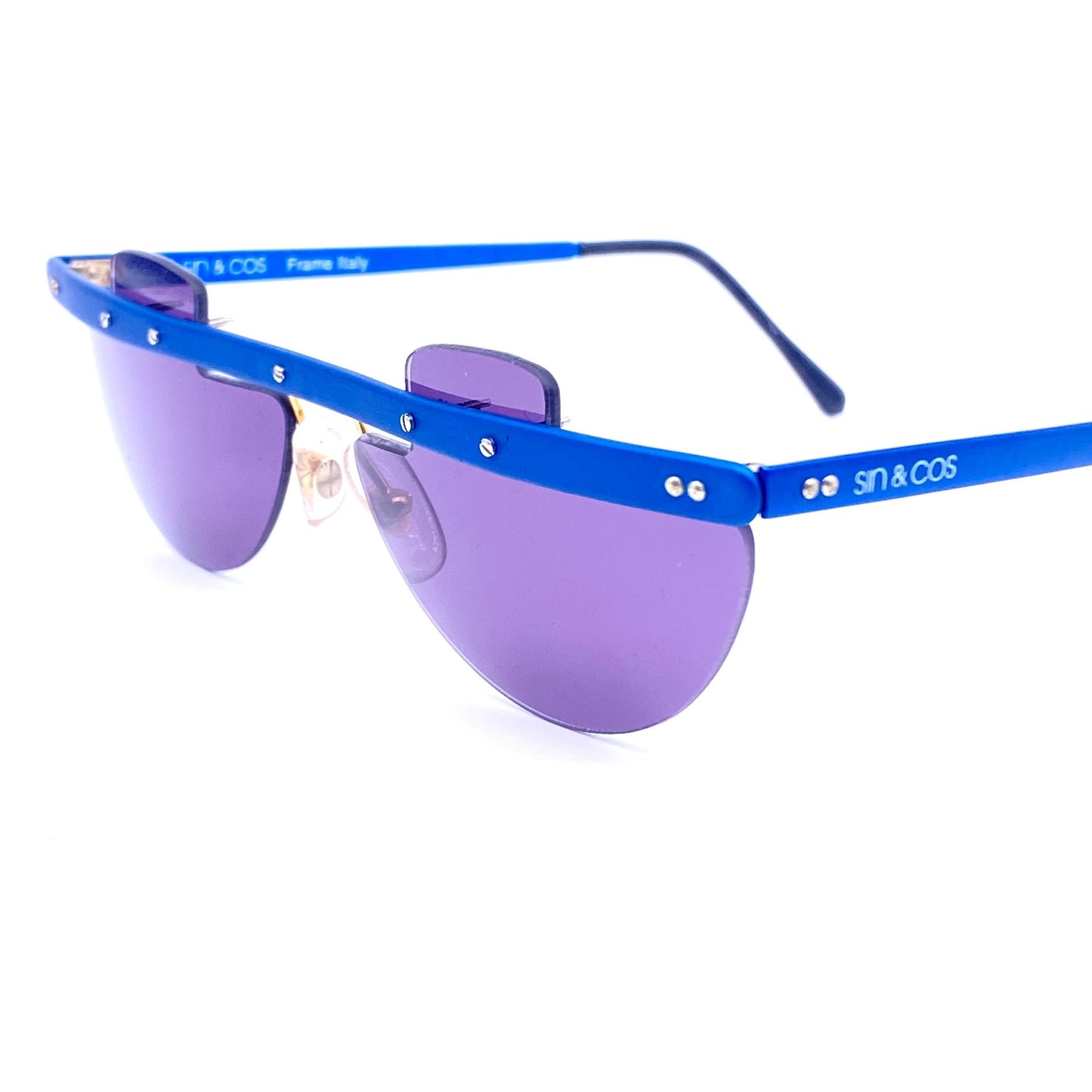 Sin&Cos semi circle anodized metal steampunk sunglasses, blue, silver or red, NOS 90s Italy