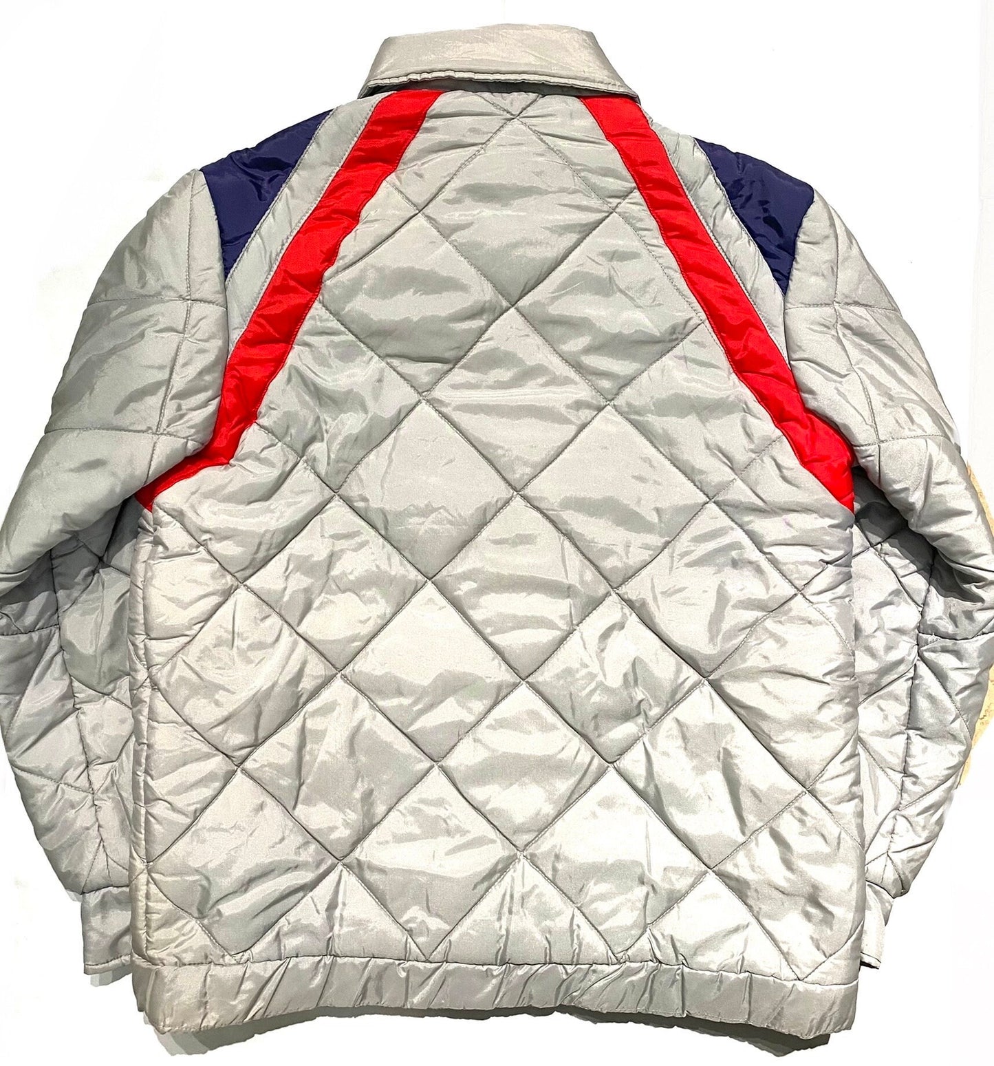 Viscosuisse grey quilted jacket with blue/red  inserts and retractable hood, sz S / 38