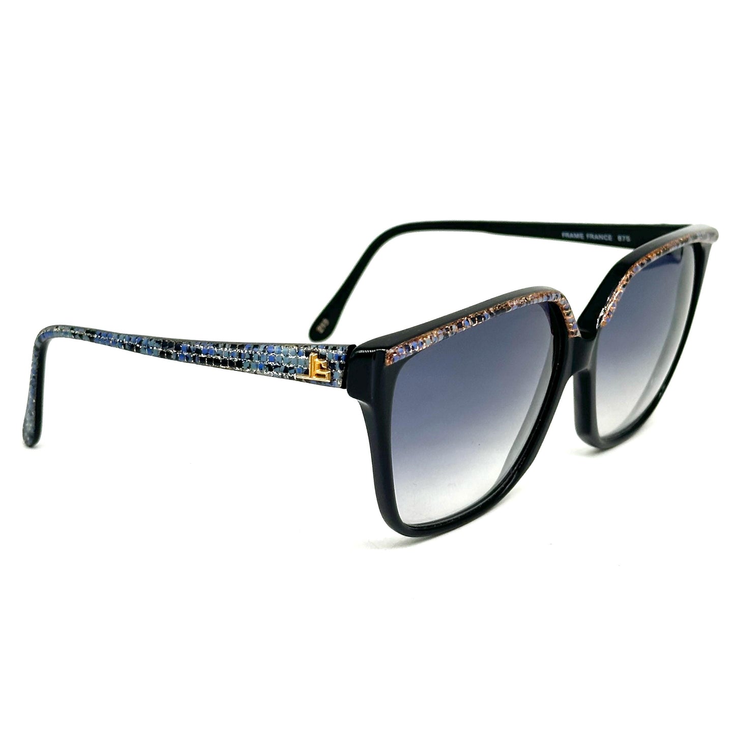 Jean-Louis Scherrer Paris frame 875 black oversize sunglasses with mosaic effect in gold/silver glitter and blue squares. 90s NOS France