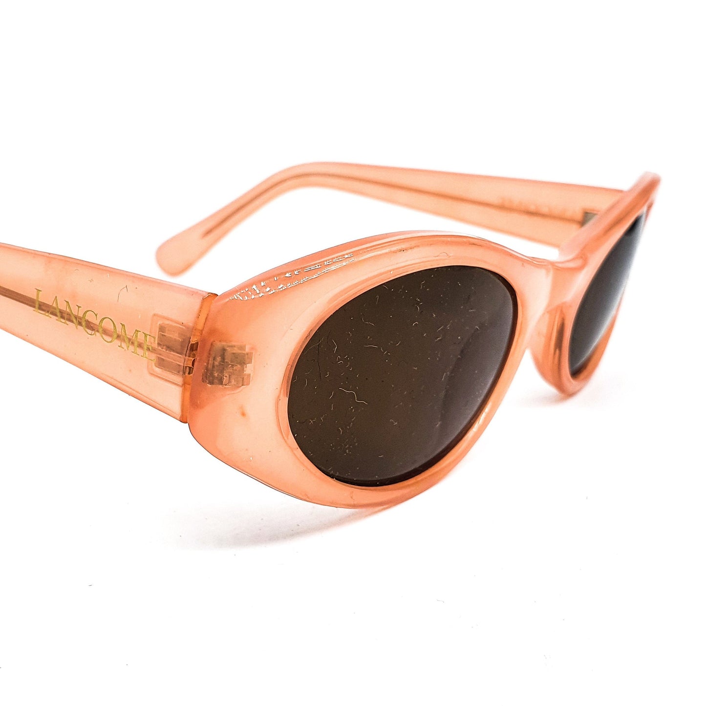 Lancome vintage rare translucent faded pink cello oval sunglasses with black lenses, 1980s NOS
