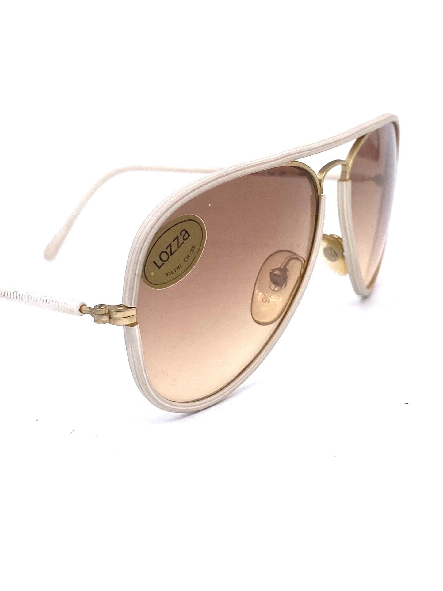 Lozza high tech HD vynil rolled golden metal aviator sunglasses w fade lenses, 1970’s  NOS Italy