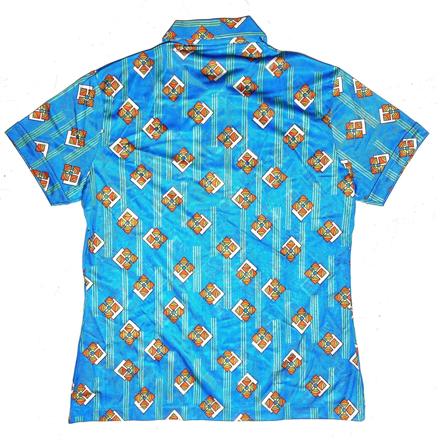 Alpe 70s NOS turquoise/orange Mod abstract print polo shirt with iconic big collar, perfect