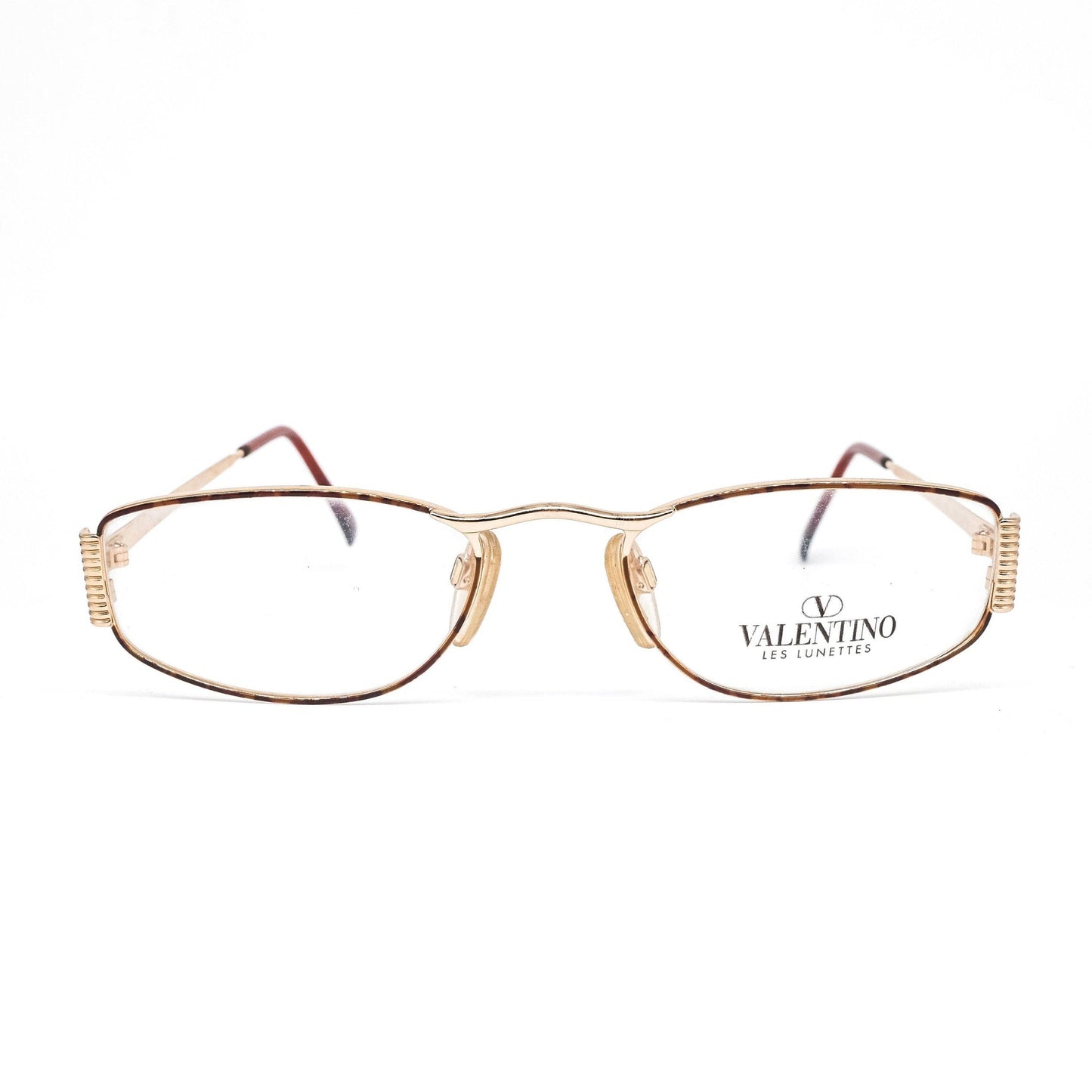 Valentino V374 golden reading eyeglasses frames with carved details. NOS 90s Italy