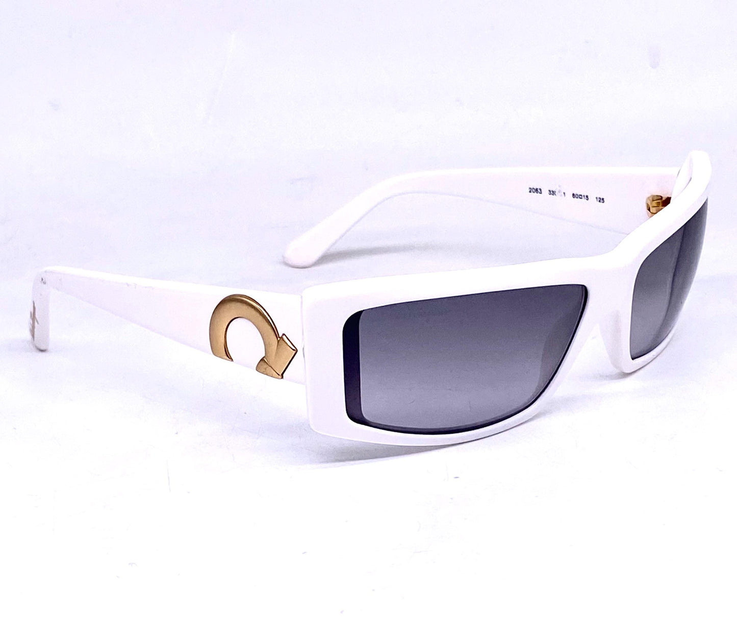 Ferragamo white acetate rectangular sunglasses w golden metal details / logo inlays, NOS