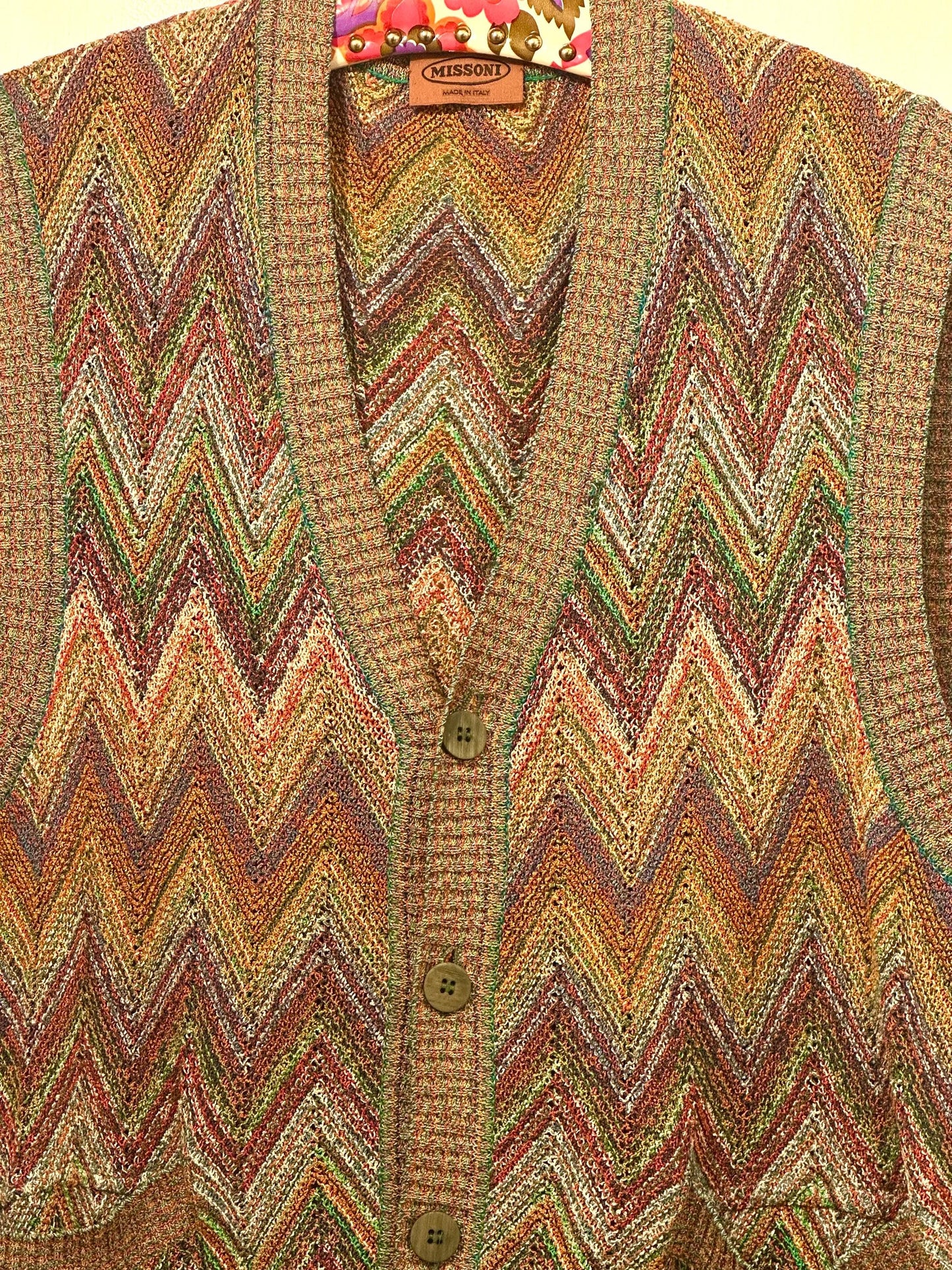 Missoni iconic colorful zigzag stripes cotton-linen knit cardigan vest made in Italy, 1980s mint sz 50 / L