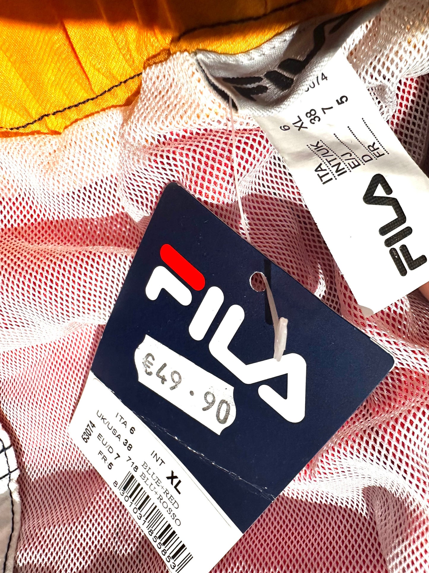 Fila signature colors navy / red swim shorts with embroidered logo and printed stripes, sizes L, XL