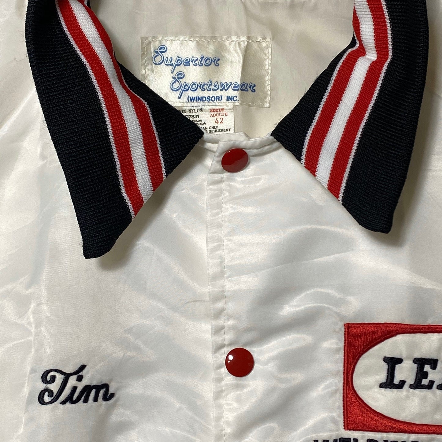 Collectible white satin varsity by Superior Sportswear x Lenco welding tools, mint condition sz M