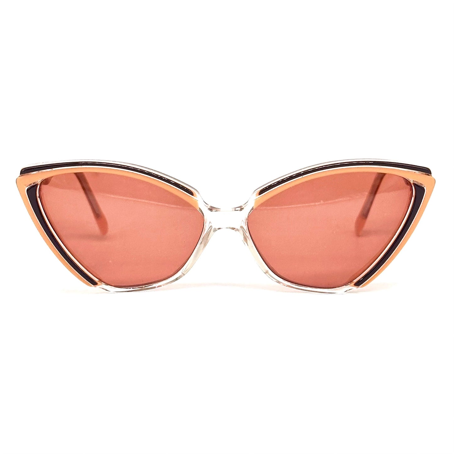 Karl Lagerfeld 103 54 2836 clear cateye sunglasses with salmon orange and brown stripes, orange lenses, 1980, NOS