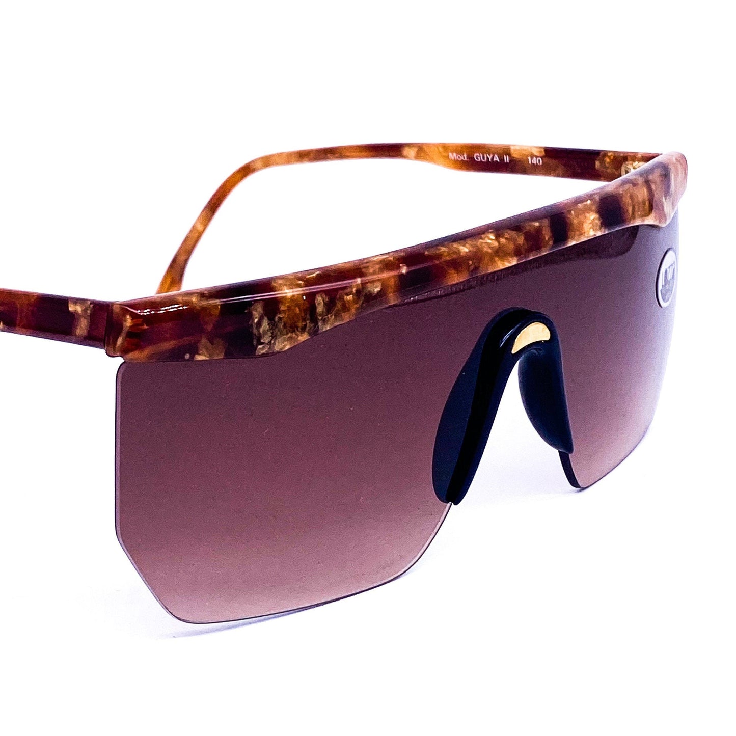 Lozza GUYA flat browline brown cellulose shield sunglasses with black nose bridge with golden detail, NOS mint condition