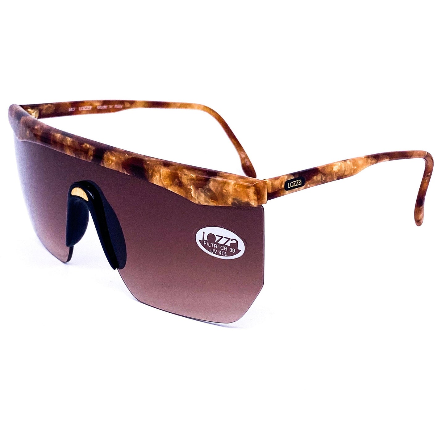 Lozza GUYA flat browline brown cellulose shield sunglasses with black nose bridge with golden detail, NOS mint condition