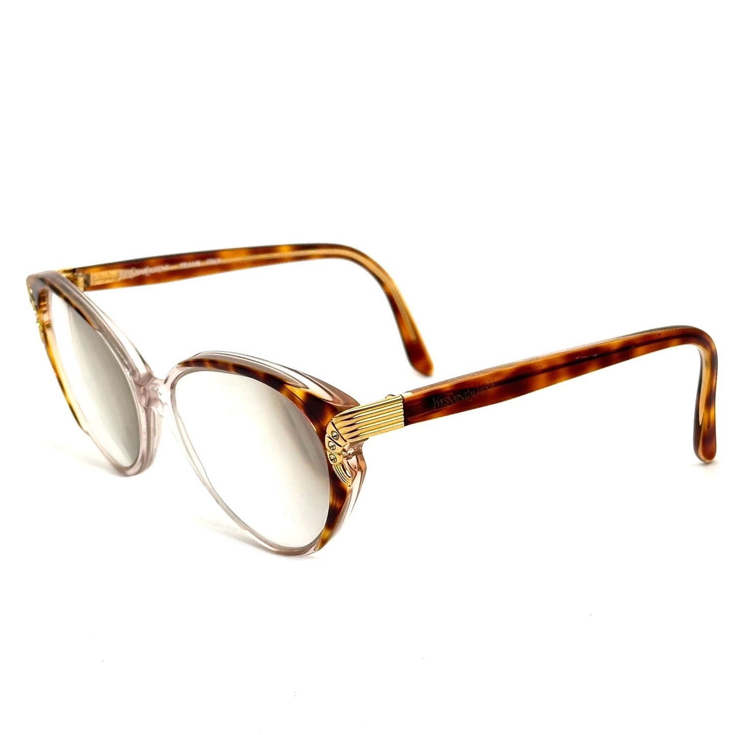 Yves Saint Laurent 5005 brown tortoise acetate cateye eyeglasses with gold details and rhinestones YSL NoS