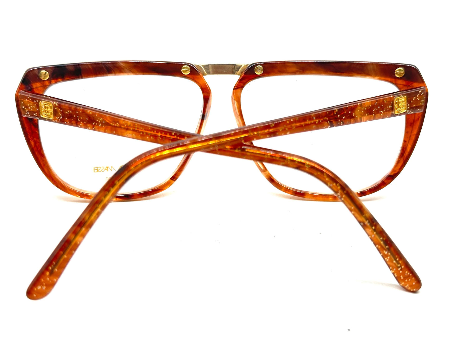Enrica Massei modern square glasses in black or honey sparks w golden browline/bridge, 80s NOS