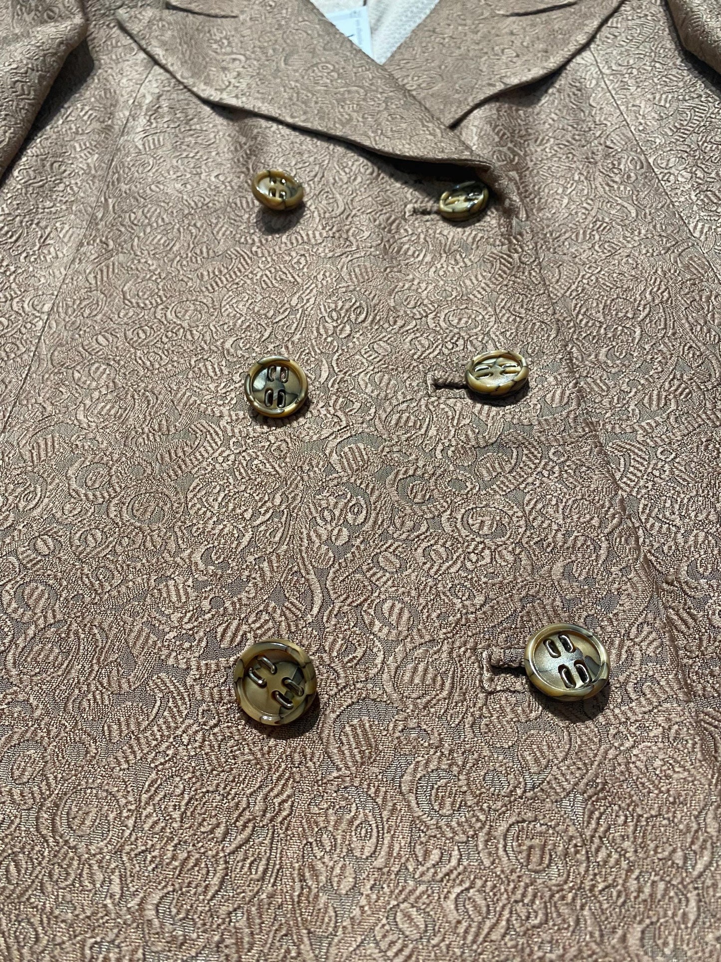 1960s sartorial dbl breast coat in jacquard satin brocade allover, cameo color w beige lining, as new