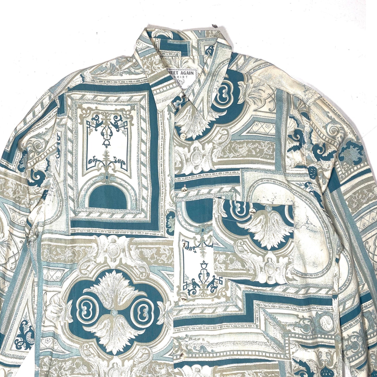 MA baroque shirt, green /gray tones architectural elements allover, sz M Italy 80s Mint