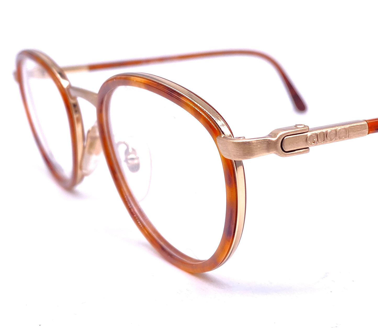 Gucci round dbl rimmed tortoise/ gold metal frames, hand crafted in Italy 1980s NOS