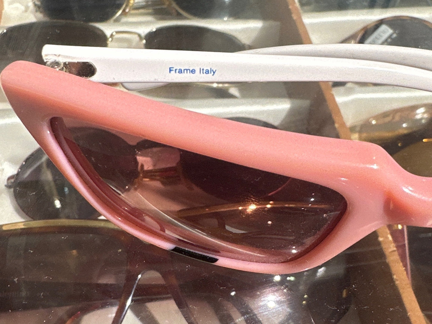 Barbie Pink cure square sunglasses w asymmetrical line details, NOS made in Italy in the 80s