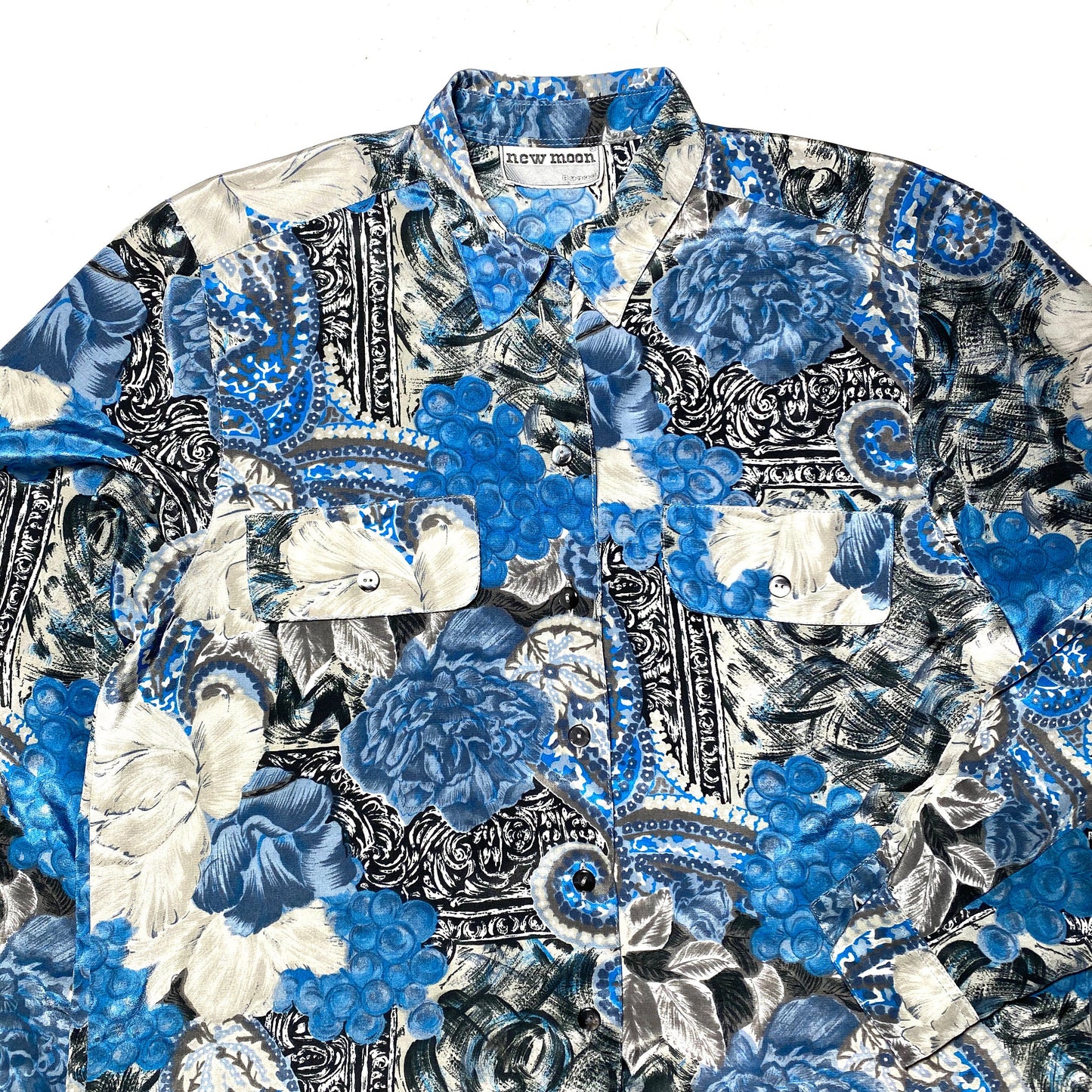 Camicia floreale New Moon in raso floreale-barocco blu/grigio anni '80 Italia