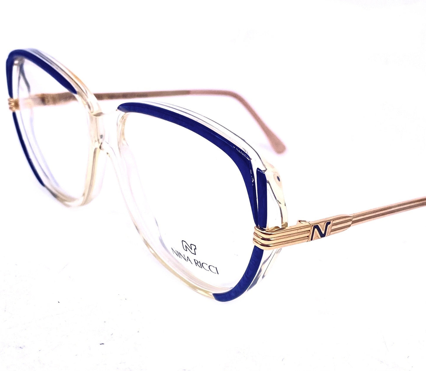 Nina Ricci square oversized blue-gold eyeglasses frames hand made in France in the 80s, gorgeous and minty