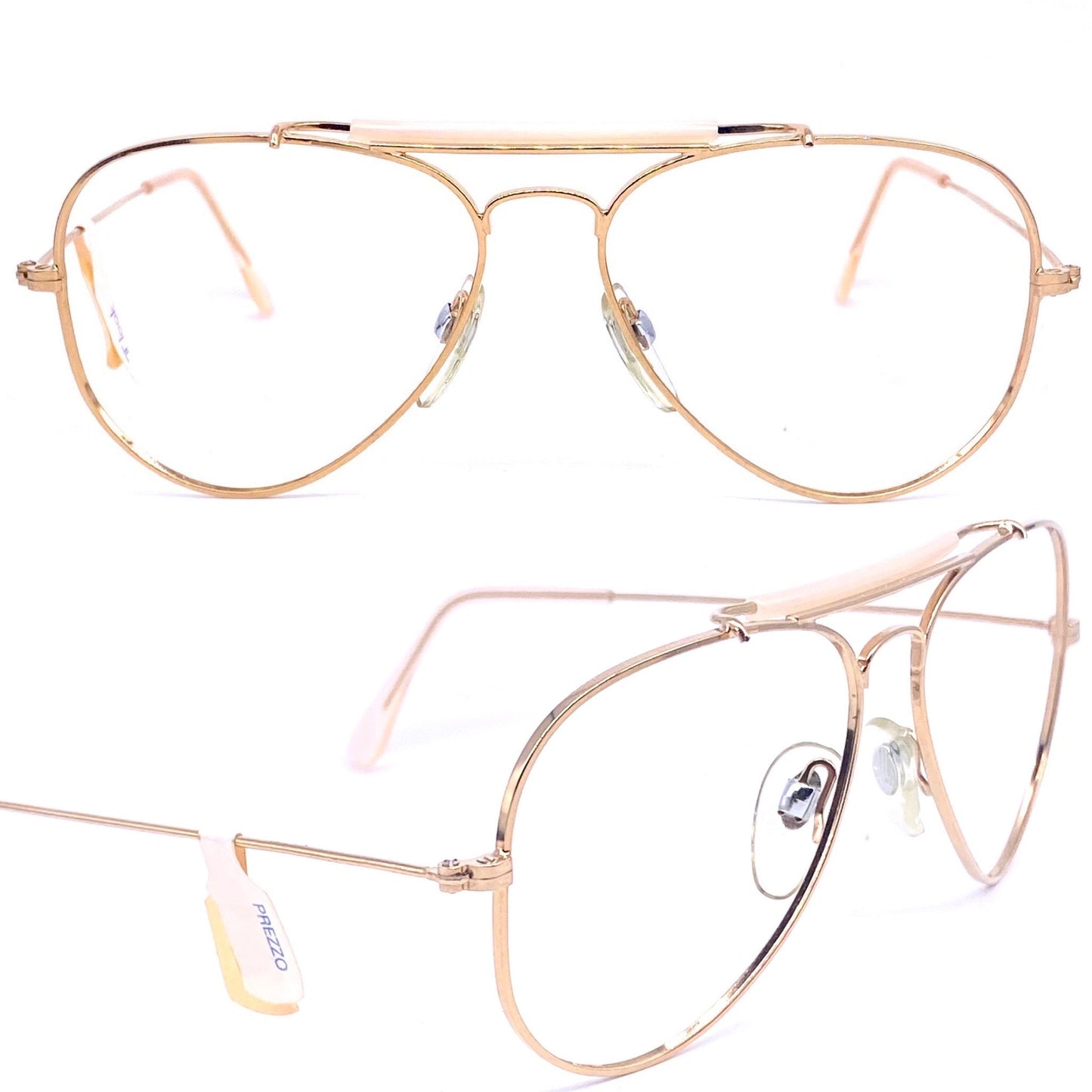 Look Milano classic golden metal aviator with dbl bridge coated in bone color acetate, NOS 80s Italy