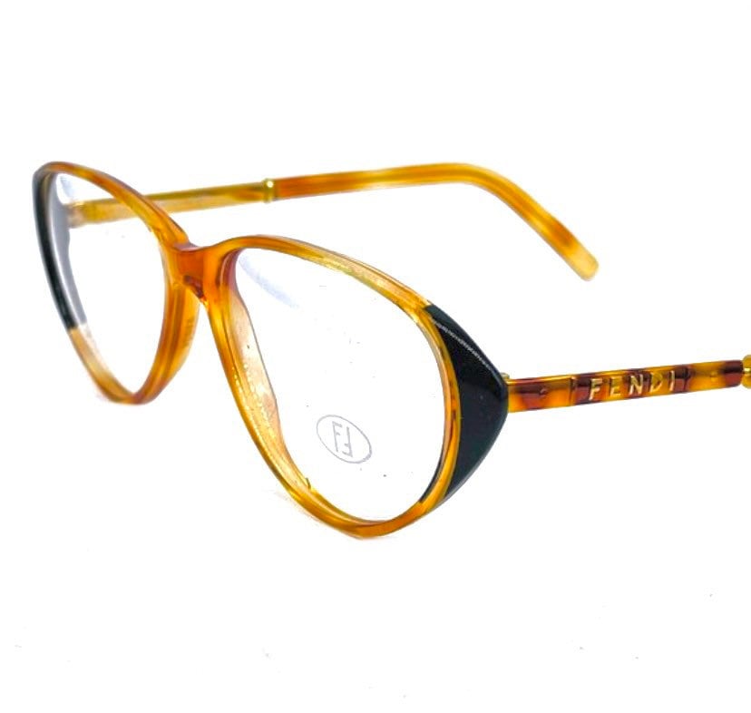 Fendi gorgeous demi blonde cello oval cateye frames w matching enameled metal temples embossed w branding, 80s NOS Italy