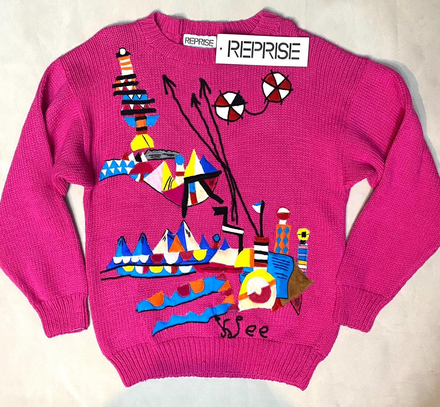 Reprise Paul Klee tribute cotton knit jumper w hand made embroidery, new with tags 80s NOS